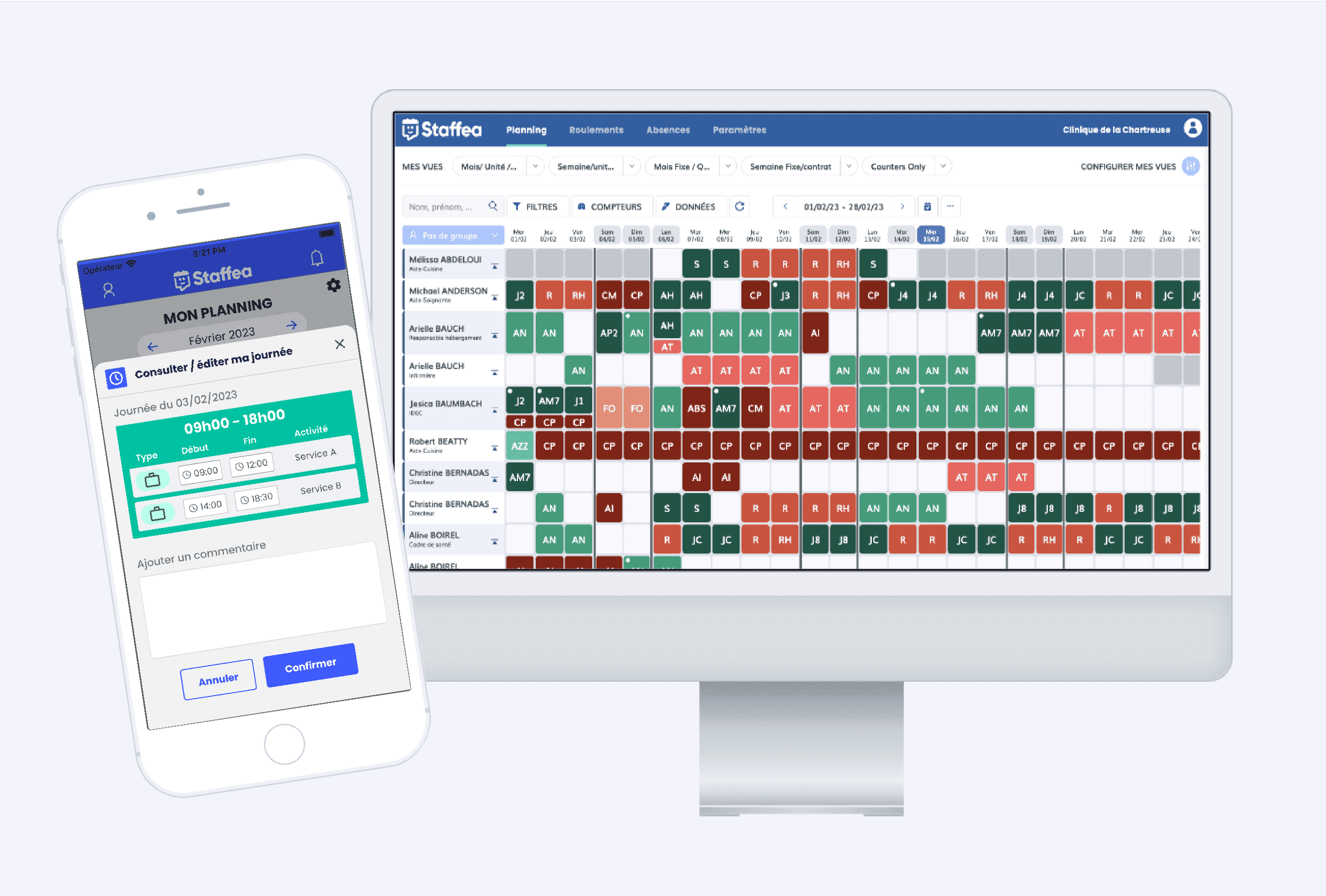Staffea, application web et mobile écrans de gestion en temps réél du planning